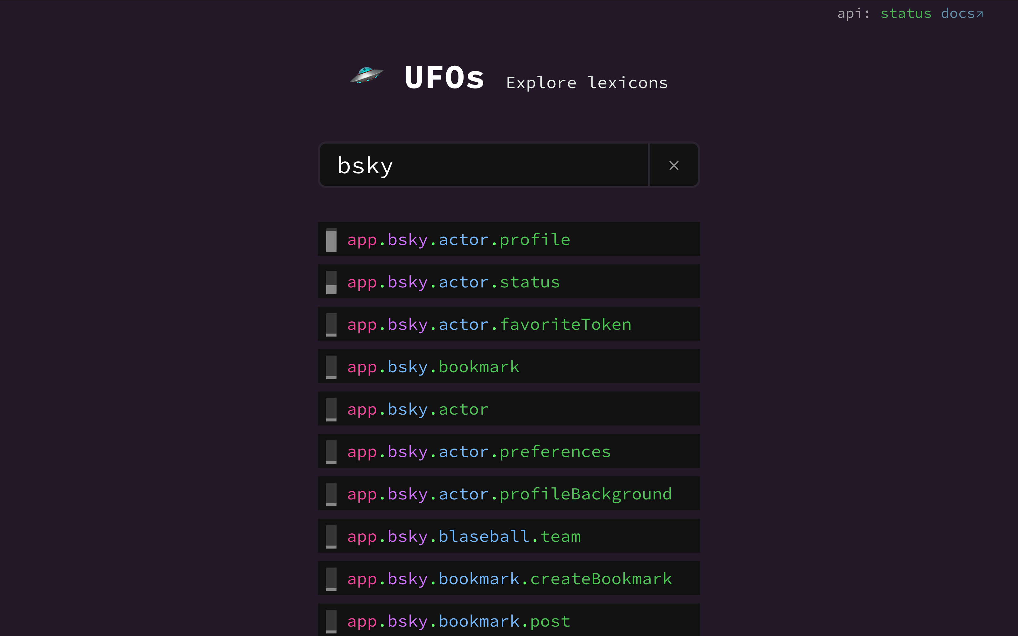 A screenshot of Bluesky lexicons in UFOs Lexicon explorer.