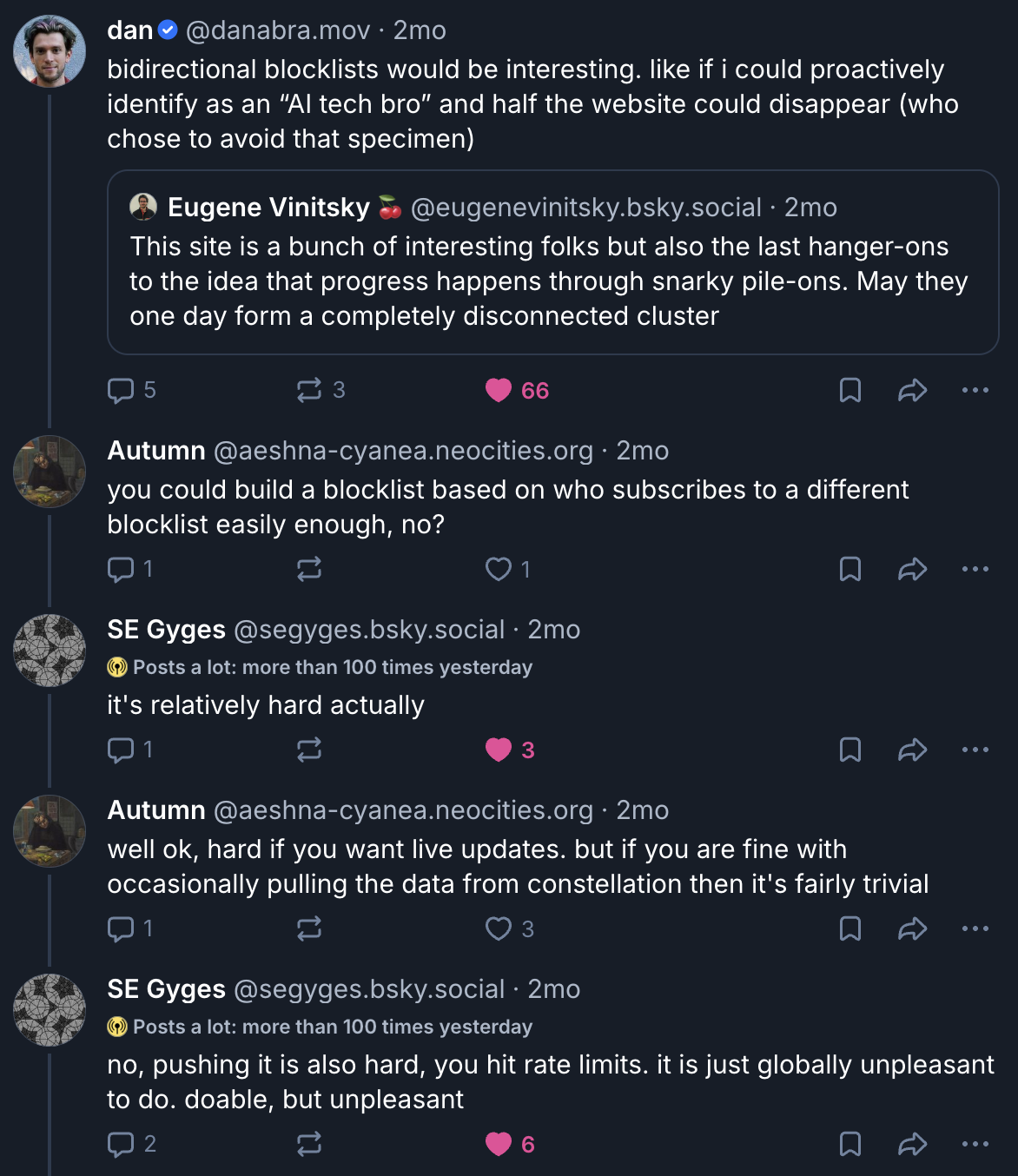 Screenshot of Bluesky thread discussing bidirectional blocklists. Users debate the technical feasibility of subscription-based mutual filtering, including challenges with AT Protocol data access methods and rate limiting.