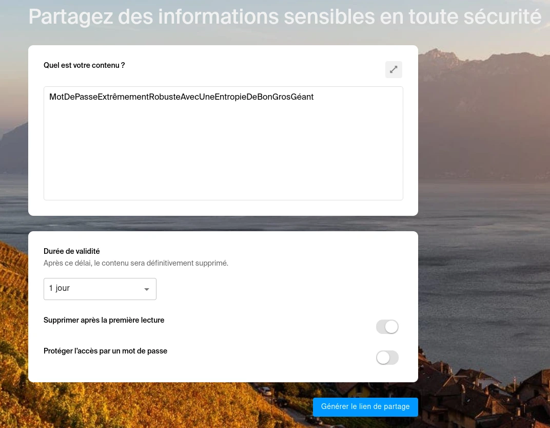 Interface de kPaste qui permet d'envoyer un mot de passe de manière sécurisée, tout en pouvant choisir une expiration au bout de X jours ou X vues