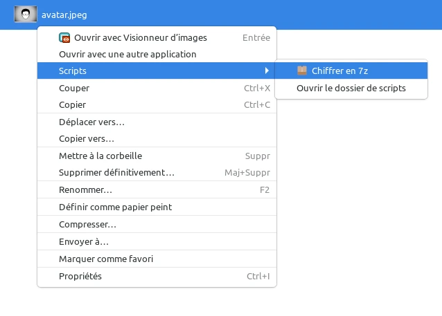 Capture d'écran montrant le menu "Chiffrer en 7z" en action