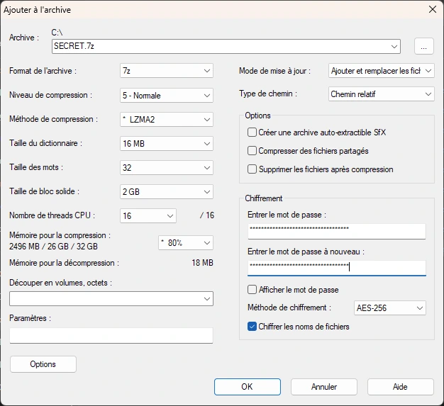 Interface de Z-Zip lors de la création d'une archive