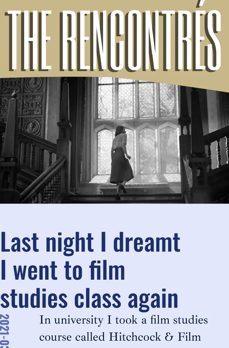 A mockup of a blog called Les Rencontrés with the start of an article about Hitchcock and film studies, with a still image from the film "Rebecca".