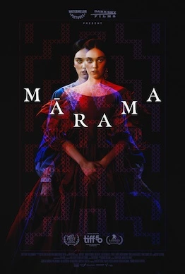 The poster for MĀRAMA (2025), a 2025 New Zealand Gothic horror film directed by Taratoa Stappard and starring Ariāna Osborne. The poster features multiple images of the main character, Mary Stevens/Mārama, layered over one another. In one image she wear a dark lace-collared dress; in another she wears a luscious red gown with enormous sleeves. In the dark background there is a laddered woven pattern.
