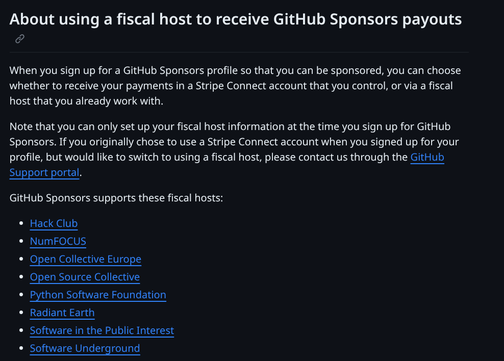 Screenshot of GitHub Sponsors docs about using a fiscal host (as of 2026-01-11), featuring Hack Club in the list.