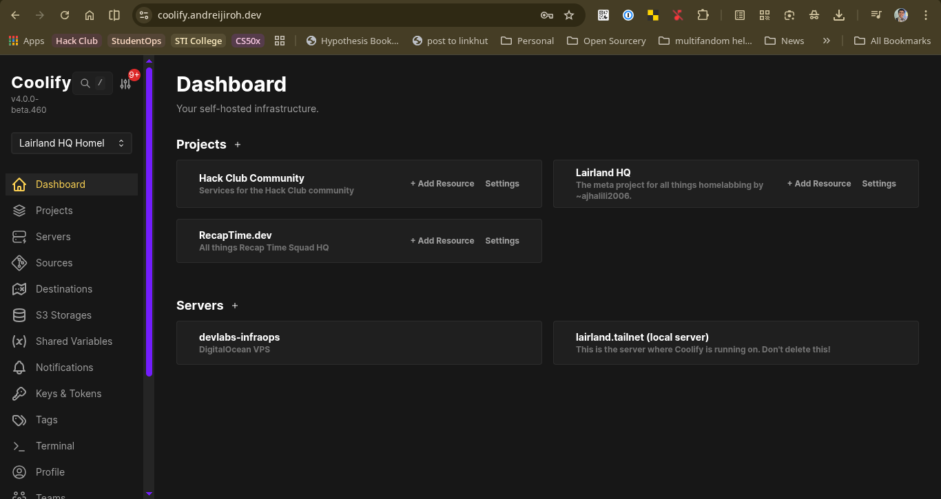 Coolify Self-hosted dashboard for my homelab server, proxied via Cloudflare Tunnels.