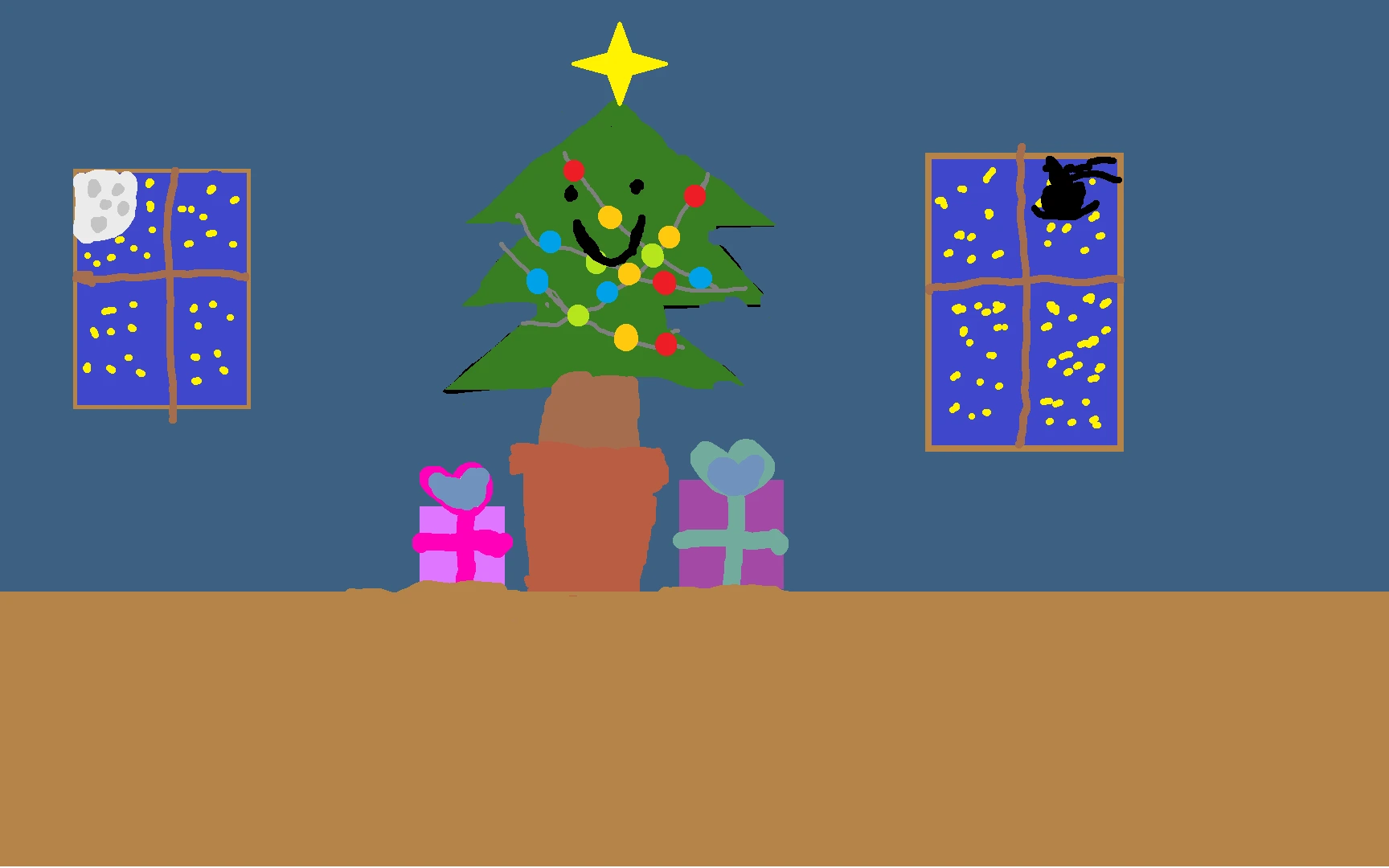 Christmas tree standing there after Santa's visit. Santa is in the window.