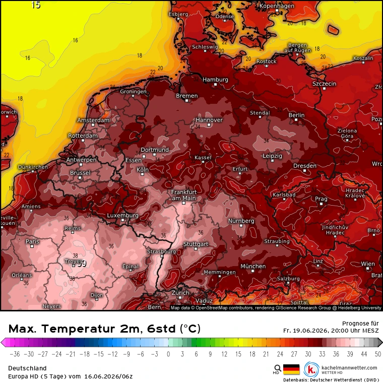 Höchsttemperaturen am Freitag nach dem ICON-Wettermodell. Quelle: https://kachelmannwetter.com/de/modellkarten/deu-hd/deutschland/max-temperatur-6std/20260619-1800z.html