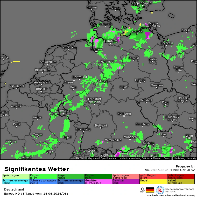 Beispielhaft die Vorhersage des Wetters von ICON am Samstagnachmittag. Quelle:kachelmannwetter.com 