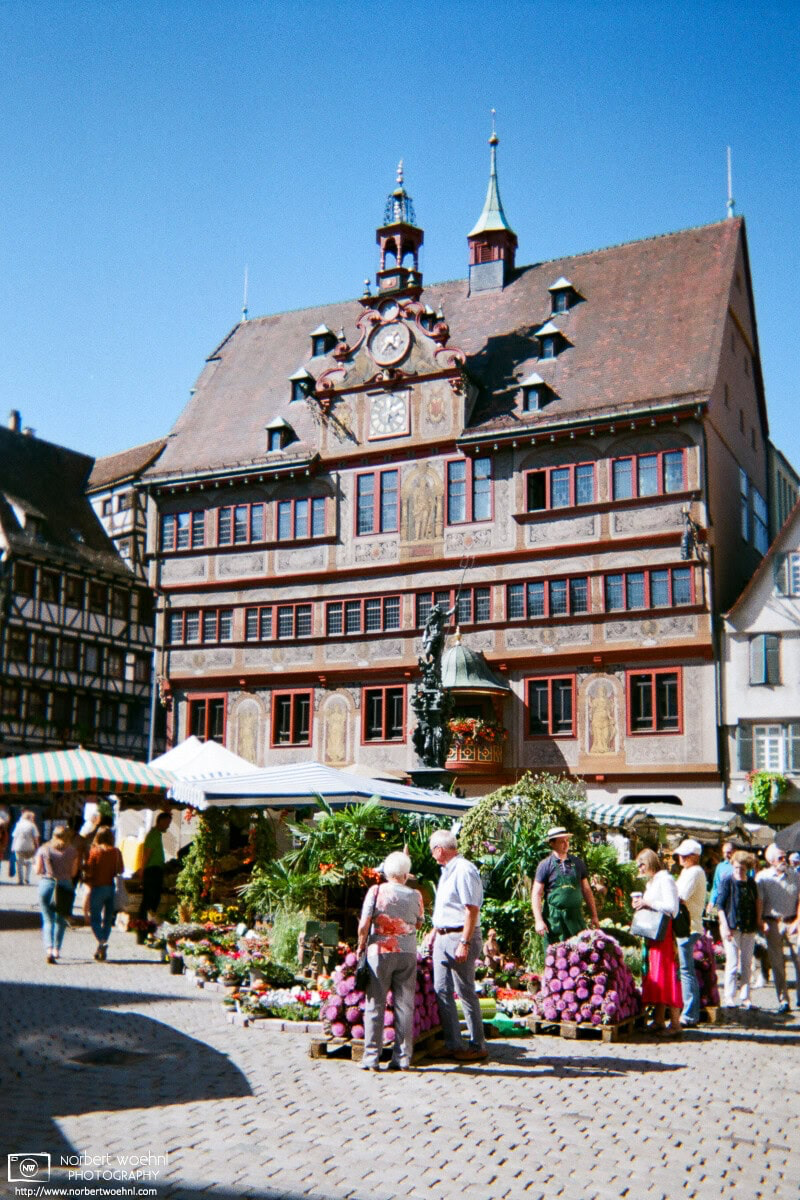 Scene from the historic market square of Tübingen, Germany, with the city hall prominently visible in the background. © 2018 Norbert Woehnl Photography.