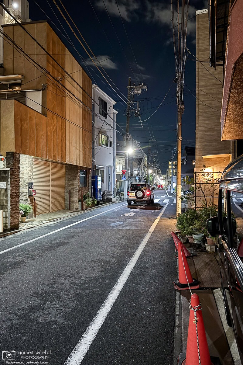 Night photo taken in a quiet residential backstreet of Azusawa district in Itabashi Ward, Tokyo, Japan. © 2025 Norbert Woehnl Photography.