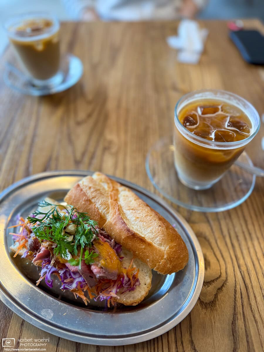 Roast Beef Sandwich and Iced Caffe Latte at Hoteiya Sandwich Stand in Hakodate, Japan. © 2025 Norbert Woehnl Photography.