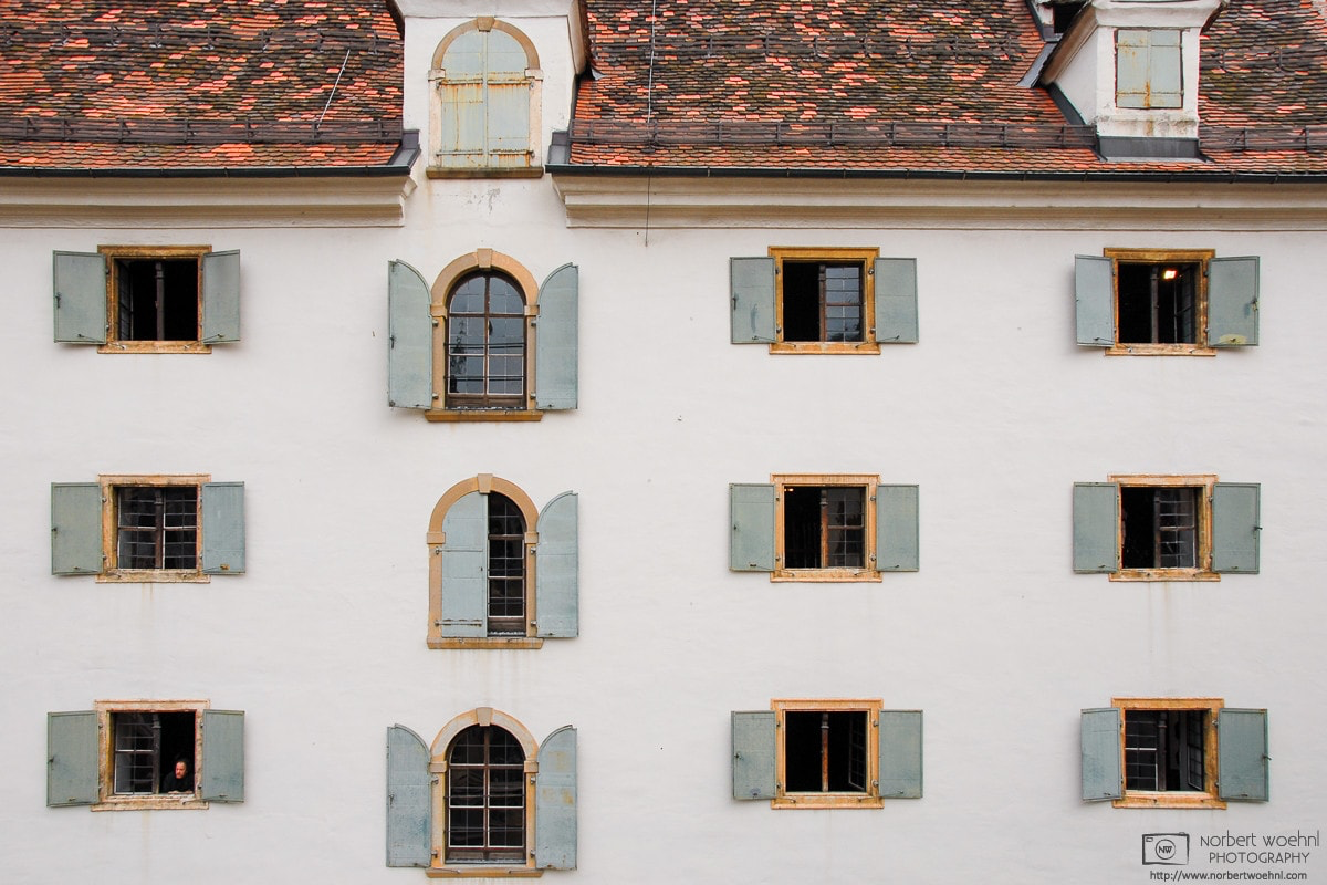 A front of windows on the building of the Styrian Armory (Landeszeughaus) in the historic city center of Graz, Austria. © 2006 Norbert Woehnl Photography.