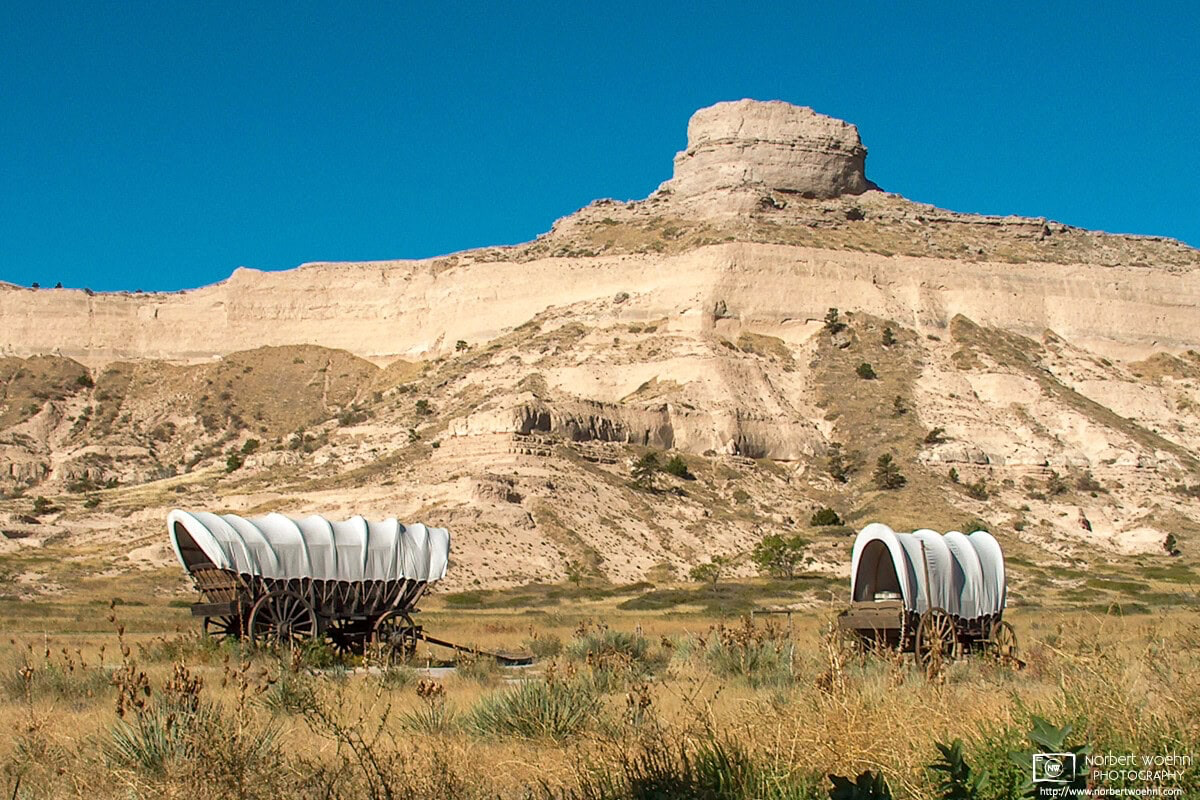 Sentinel Rock is a distinctive sandstone formation at Scotts Bluff National Monument, Nebraska, along the former Oregon Trail. © 2003 Norbert Woehnl Photography.