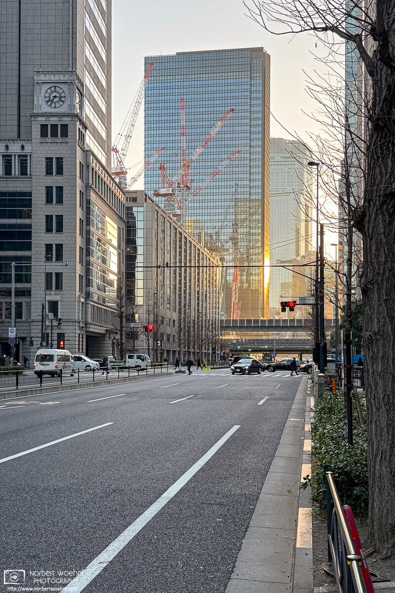 The February morning sunlight illuminates an area of high-rise office buildings outside Otemachi Station in the Marunouchi area of Tokyo, Japan. © 2026 Norbert Woehnl Photography.