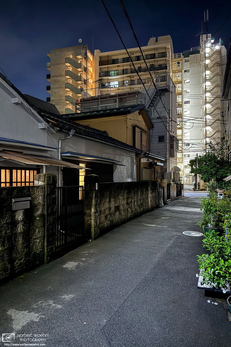 Night photo taken in a quiet residential backstreet of Azusawa district in Itabashi Ward, Tokyo, Japan. © 2025 Norbert Woehnl Photography.