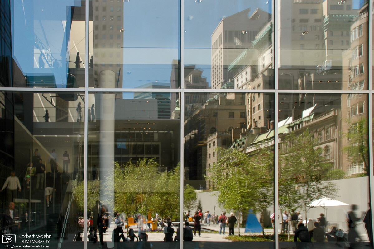 On my 2005 visit to the Museum of Modern Art in New York City, I played around with layering interior museum reflections over the Midtown Manhattan exterior. © 2005 Norbert Woehnl Photography.