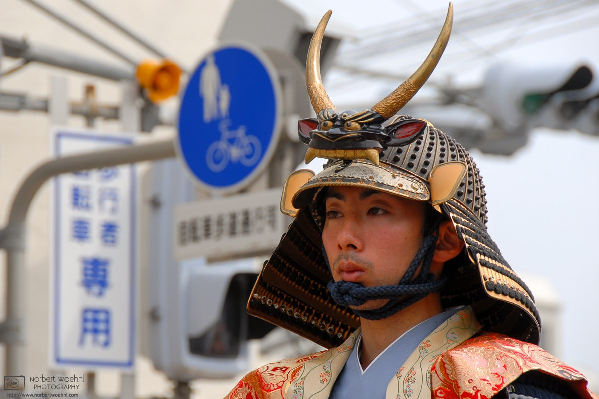 A participant is seen wearing a period costume during the annual Musha Gyoretsu Warrior Parade in Matsue, the capital of Shimane Prefecture in Japan. © 2008 Norbert Woehnl Photography.