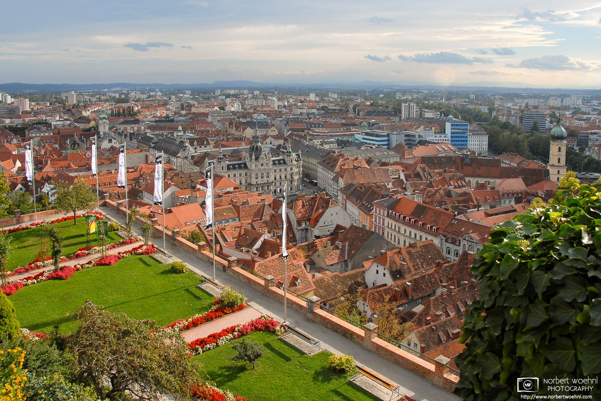 View of Old Town and City Hall from top of Schlossberg in Graz, Austria, overlooking Herberstein Gardens. © 2006 Norbert Woehnl Photography.