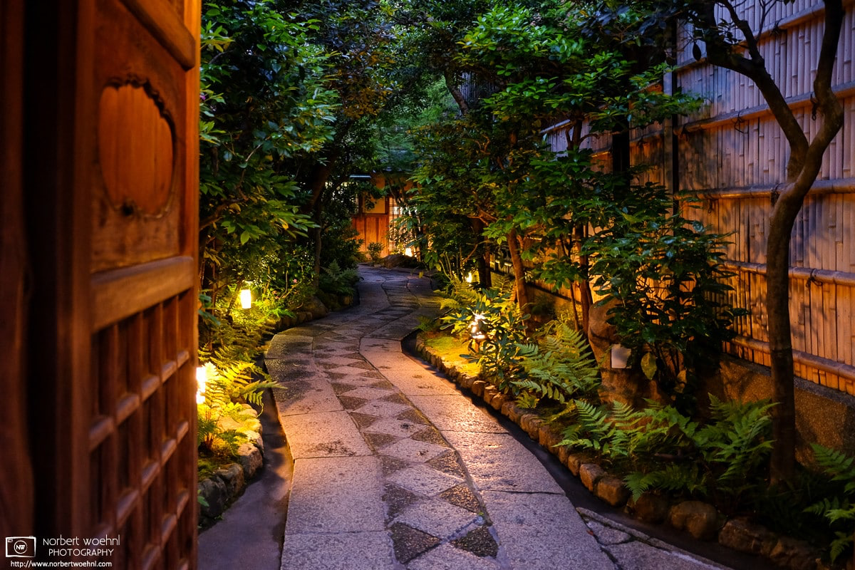 A beautifully lit-up building entrance in the Gion district of Kyoto, Japan. © 2014 Norbert Woehnl Photography.