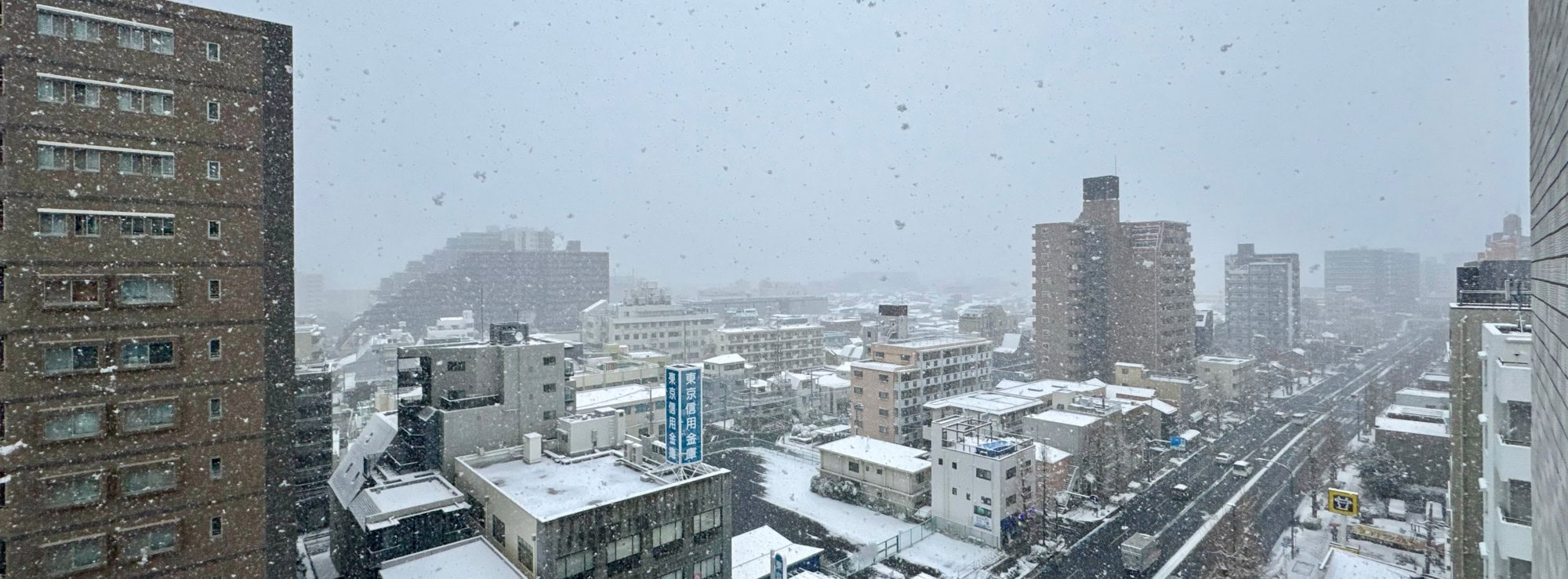 Panoramic view from an apartment in the Itabashi Ward of Tokyo, Japan, showing a suburban Tokyo scenery during heavy snowfall. © 2026 Norbert Woehnl Photography.