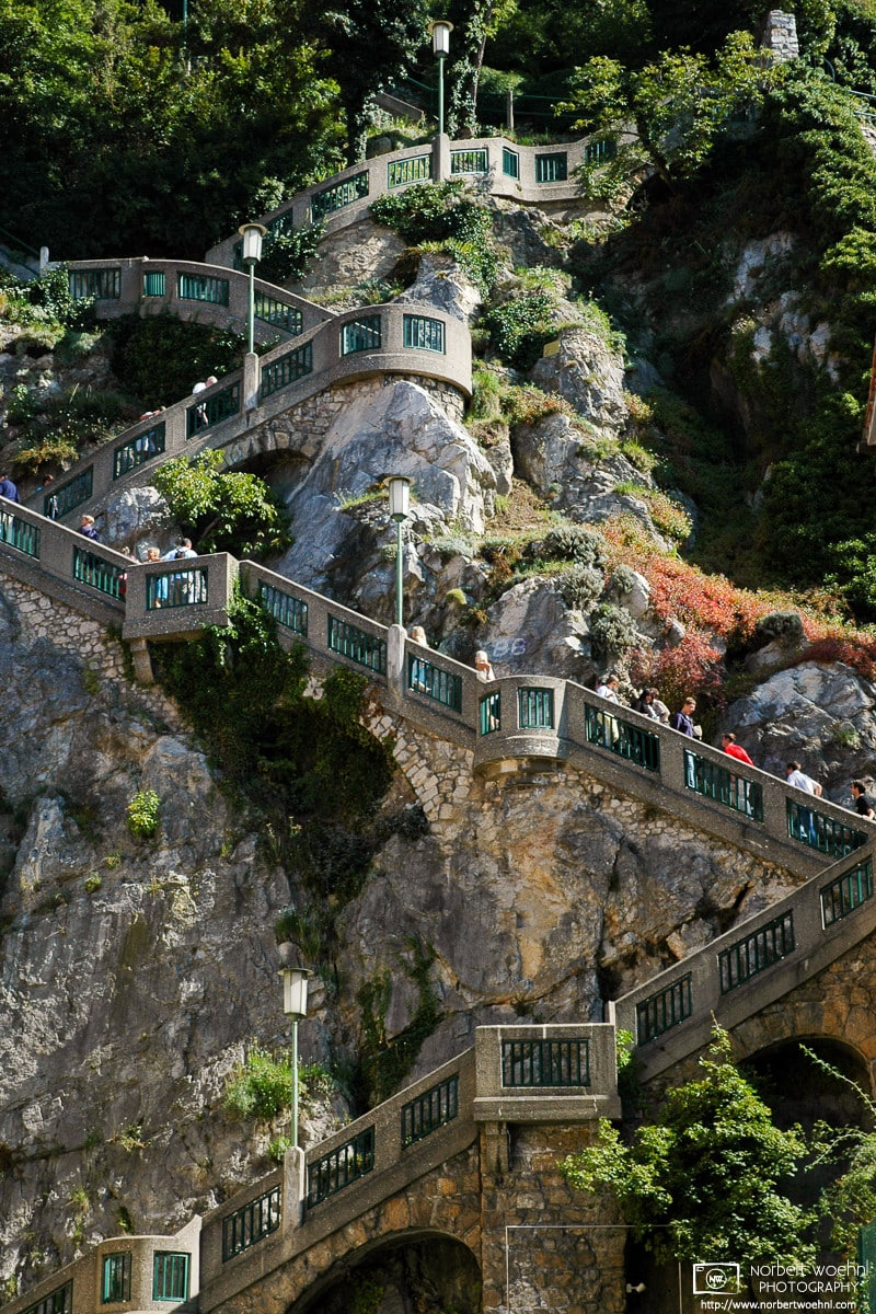 From Schlossbergplatz in Graz, Austria, a flock of steep zig-zagging stairs provides a quick, if strenuous, way of reaching the top of Schlossberg hill. © 2004 Norbert Woehnl Photography.