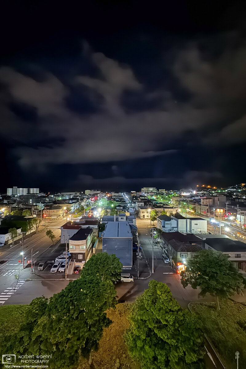 Night view in southbound direction from the window of a hotel in Hakodate, Hokkaido, Japan. © 2025 Norbert Woehnl Photography.