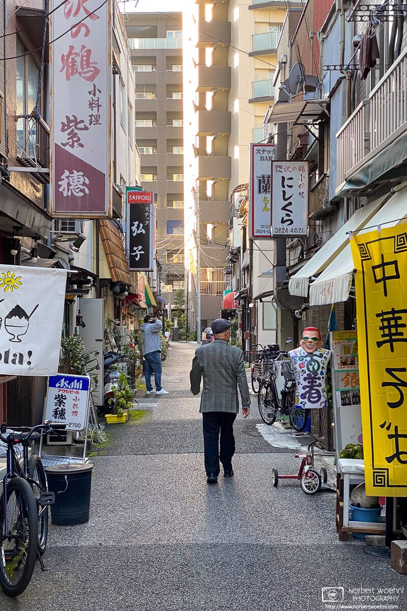Look into a side street in the Yanaka area of Tokyo, Japan, with various characters - human and non-human - out and about. © 2021 Norbert Woehnl Photography.