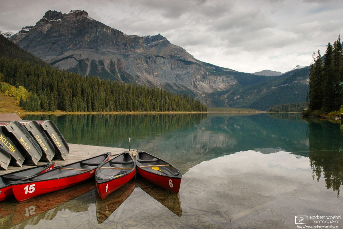 View of Emerald Lake at Yoho National Park in the Canadian Rockies, as seen from the canoe rental pier. © 2005 Norbert Woehnl Photography.