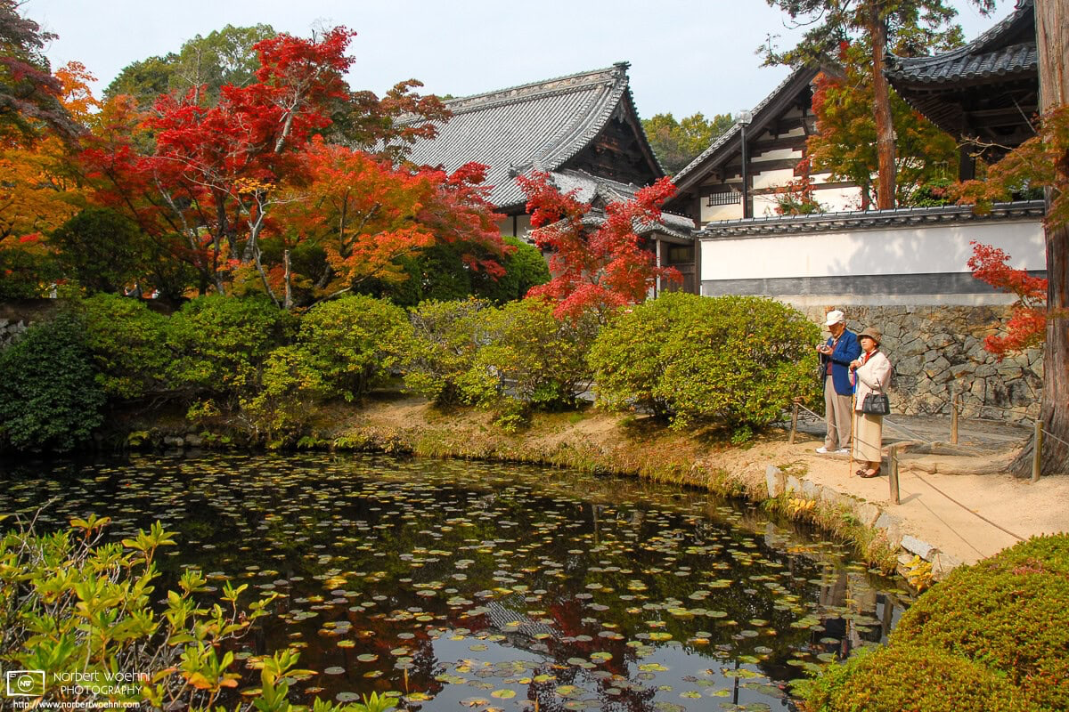 An elderly couple enjoys a quiet moment by the pond on a fine autumn day at Hōfukuji Temple in Sōja, Okayama Prefecture, Japan. © 2010 Norbert Woehnl Photography.