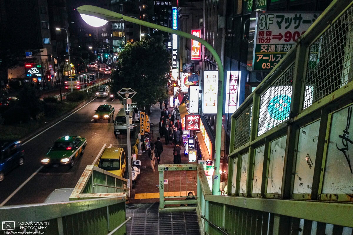 An evening view from an overpass on Meguro Dori, a major thoroughfare near Meguro Station in Tokyo, Japan. © 2013 Norbert Woehnl Photography.