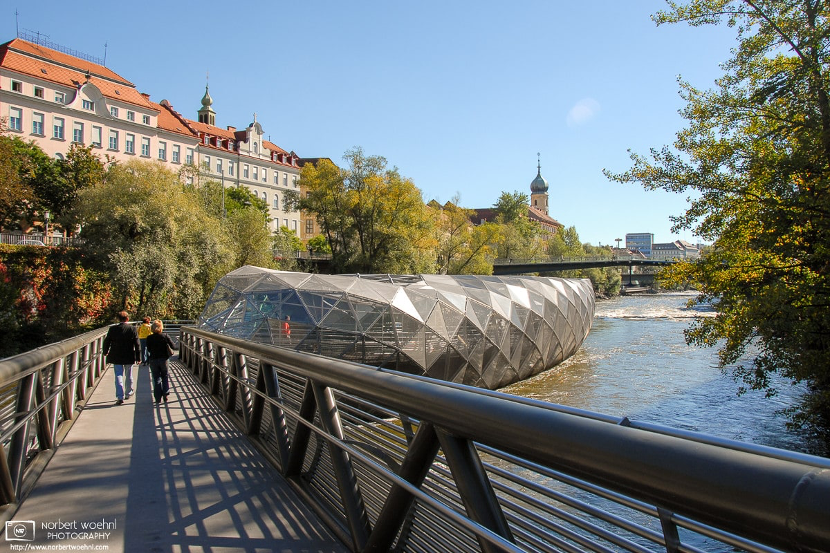 Entering the Murinsel, an artificial island floating on the Mur River in Graz, Austria. © 2006 Norbert Woehnl Photography.