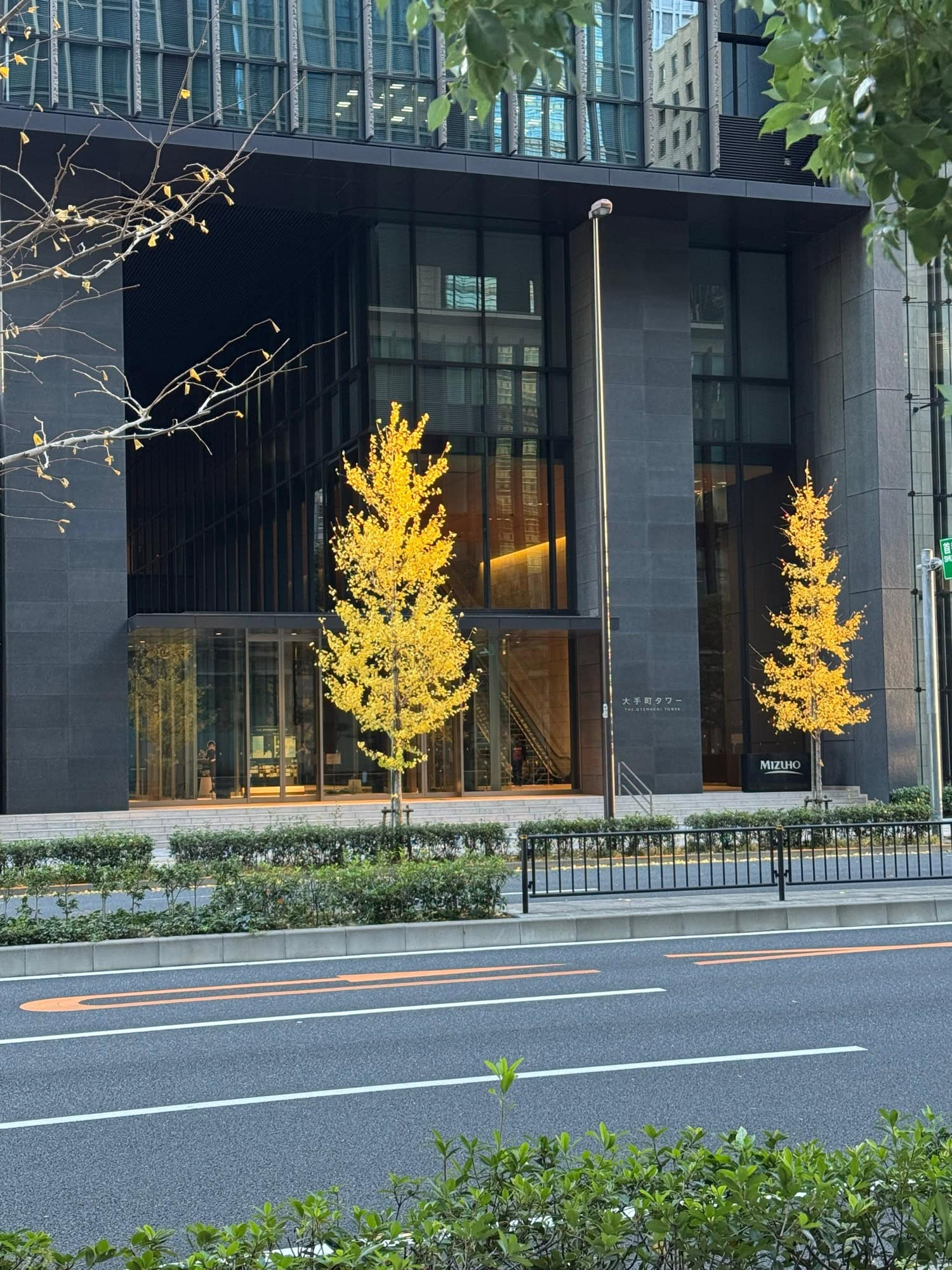 December morning sunlight and a few autumn colors amidst high-rise office buildings in the Marunouchi/Otemachi area of Tokyo, Japan. © 2025 Norbert Woehnl Photography.