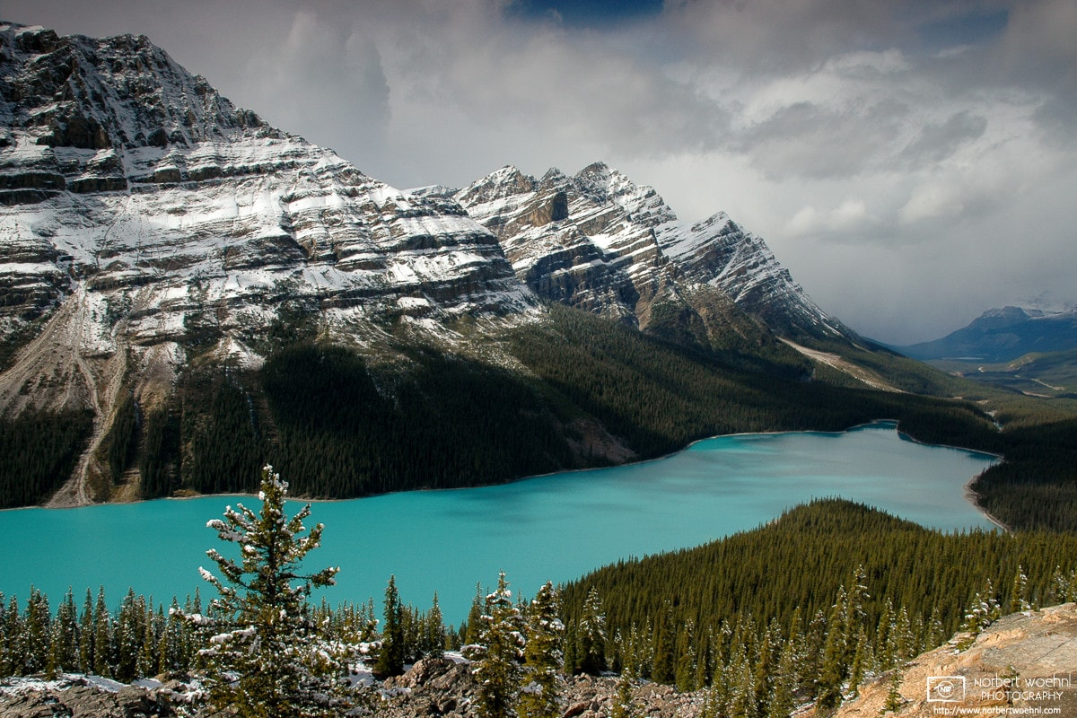 Peyto Lake in Banff National Park in the Canadian Rockies, as seen from the Bow Summit Lookout. © 2005 Norbert Woehnl Photography.
