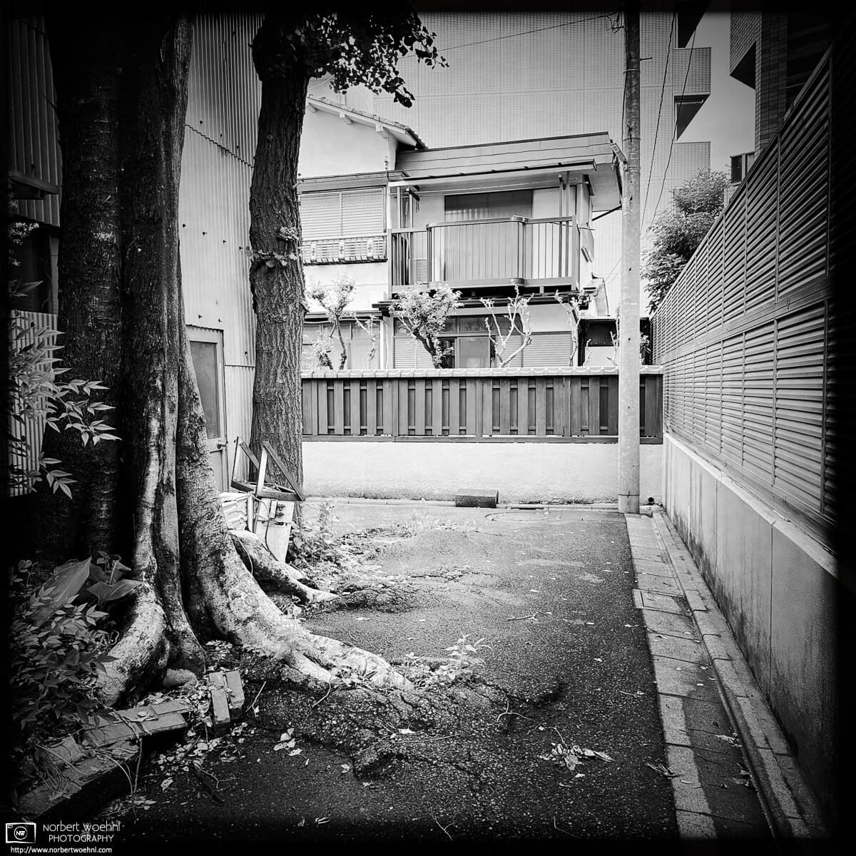 Monochrome photo of a quiet backstreet scene in the Itabashi Ward of Tokyo, Japan. © 2026 Norbert Woehnl Photography.