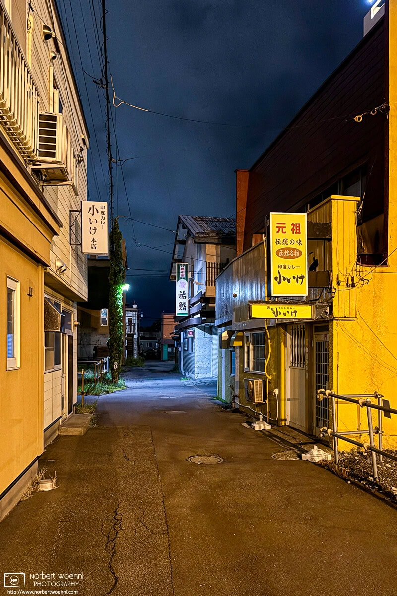 Night photo taken in the Horaicho area of Hakodate in Hokkaido, Japan. © 2025 Norbert Woehnl Photography.