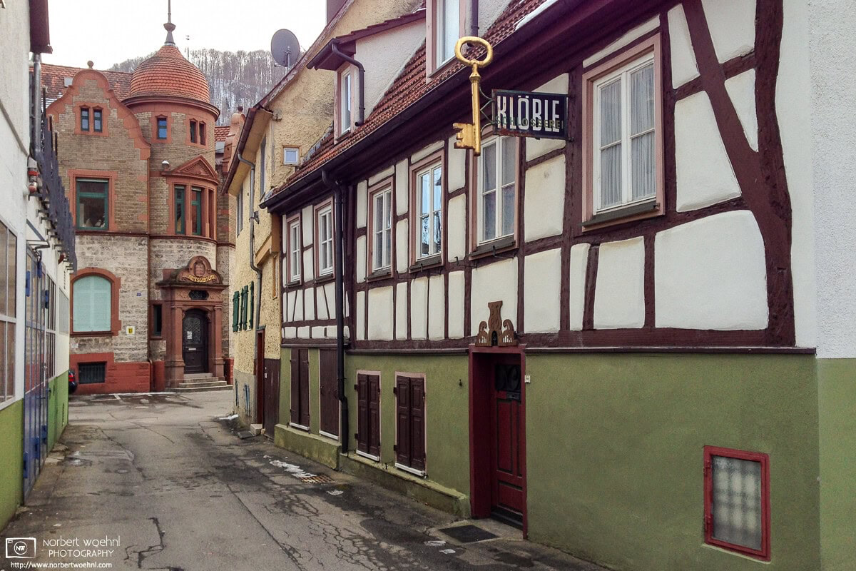 View towards the District Court in Bad Urach, southwestern Germany. The half-timbered building on the right is home to a locksmith’s workshop. © 2015 Norbert Woehnl Photography.