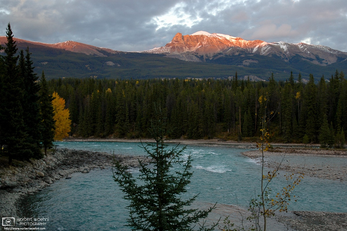 The last beams of sunlight are hitting the western side of Mount Tekarra along the Athabasca River in Jasper National Park, Alberta, Canada. © 2005 Norbert Woehnl Photography.