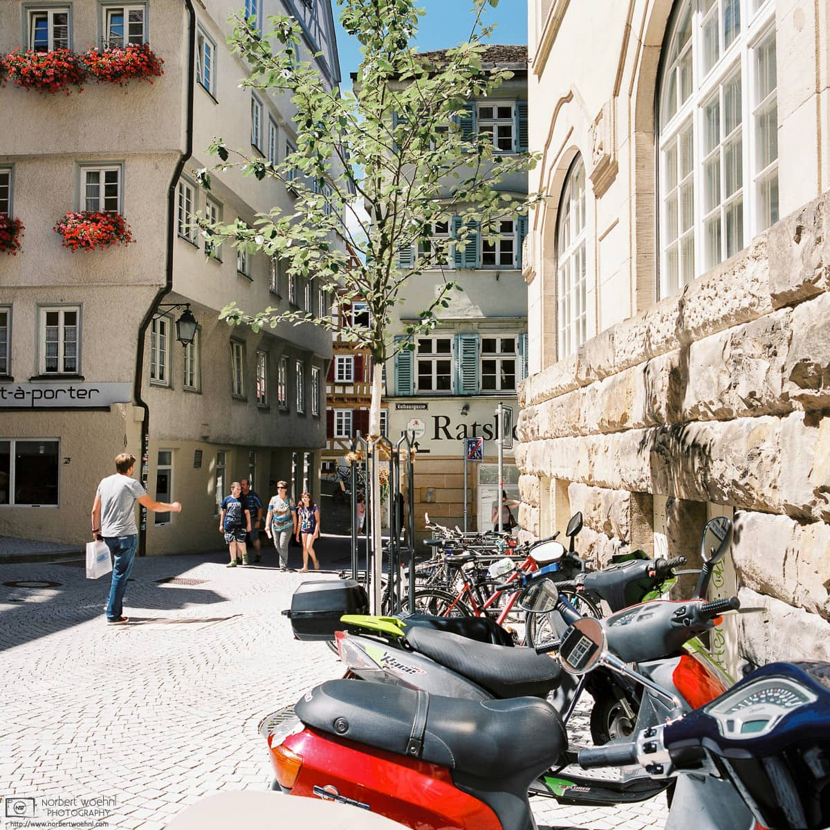 At Haaggasse in the historic city center of Tübingen, Germany, motorcycles are parked outside an old city hall annex building. © 2017 Norbert Woehnl Photography.