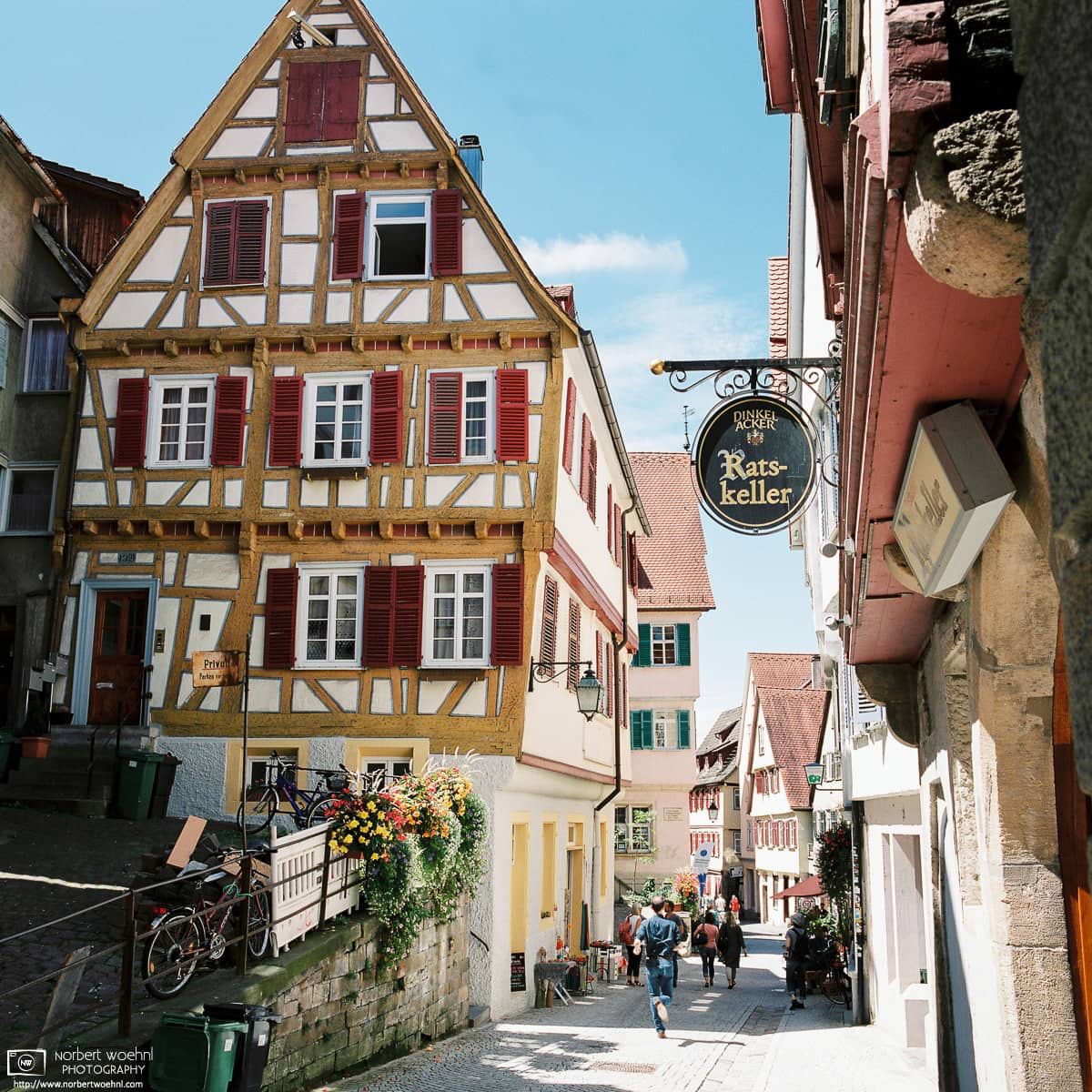At Haaggasse in the historic city center of Tübingen, Germany, various half-timbered buildings are used as restaurants and residences. © 2017 Norbert Woehnl Photography.