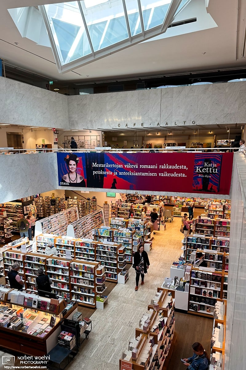 Interior photo of Akateeminen Kirjakauppa, the Academic Bookstore in Helsinki, Finland. The building was designed by renowned Finnish architect Alvar Aalto. © 2026 Norbert Woehnl Photography.