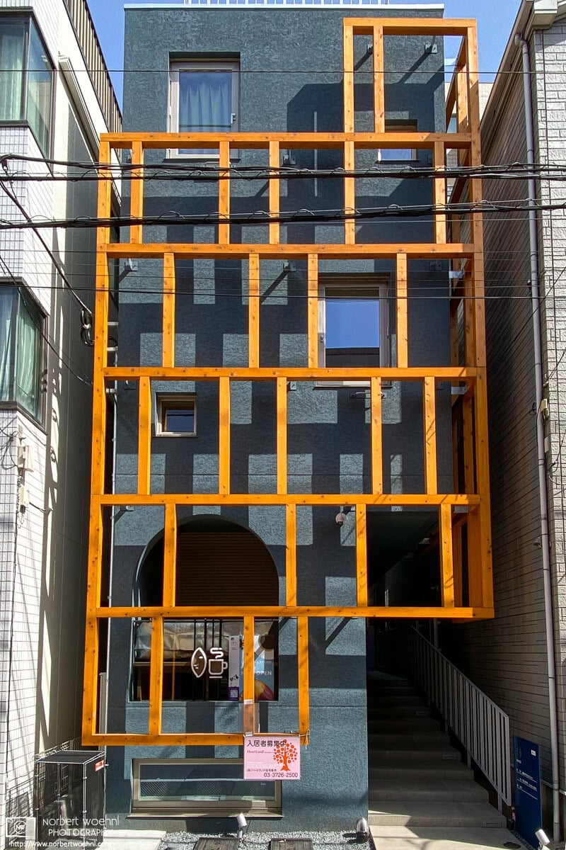 Architectural detail on a new building in the Okusawa area of Setagaya Ward in Tokyo, Japan. © 2023 Norbert Woehnl Photography.