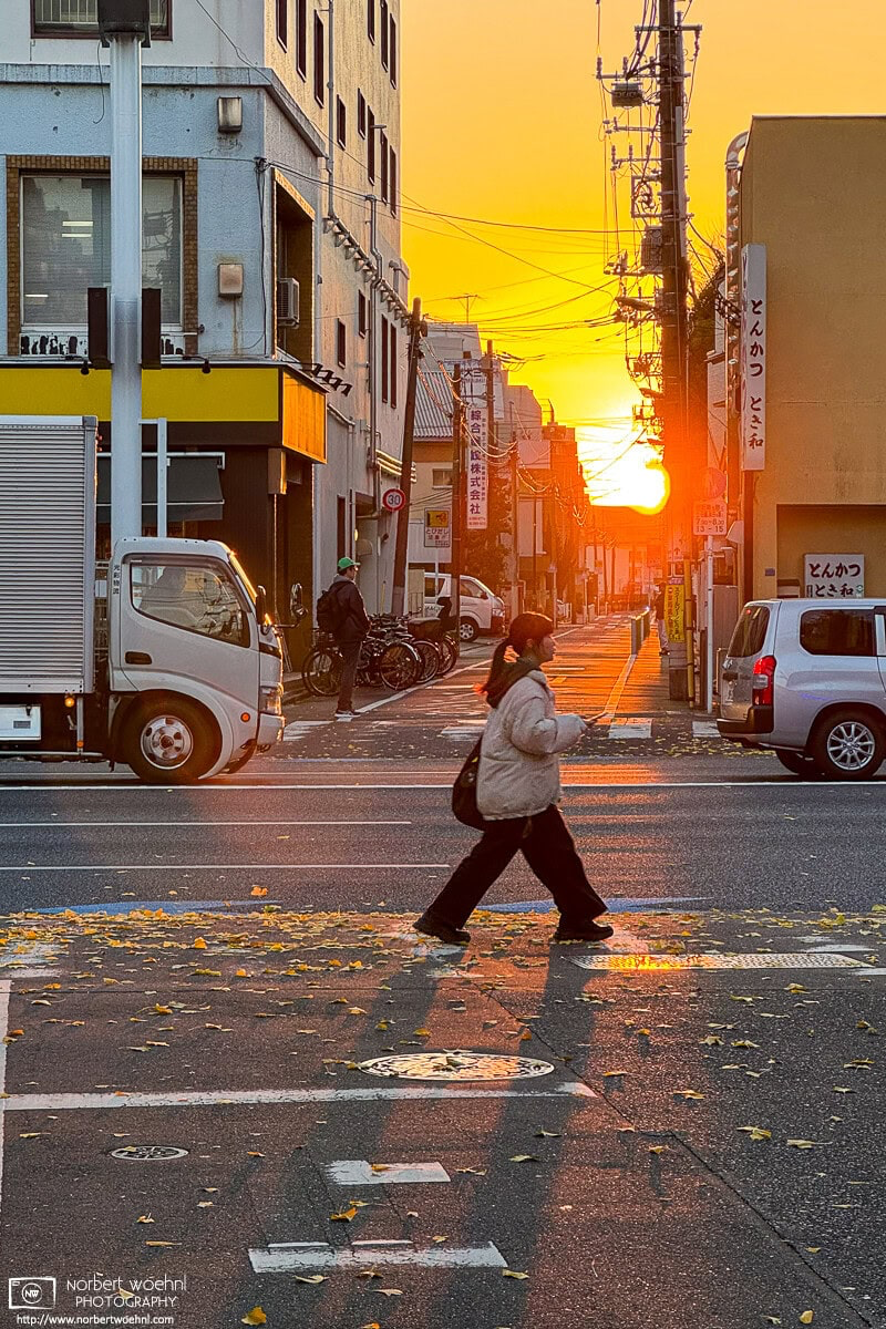 The setting sun illuminates a backstreet on a December afternoon in my neighborhood in the Itabashi Ward of Tokyo, Japan. © 2025 Norbert Woehnl Photography.