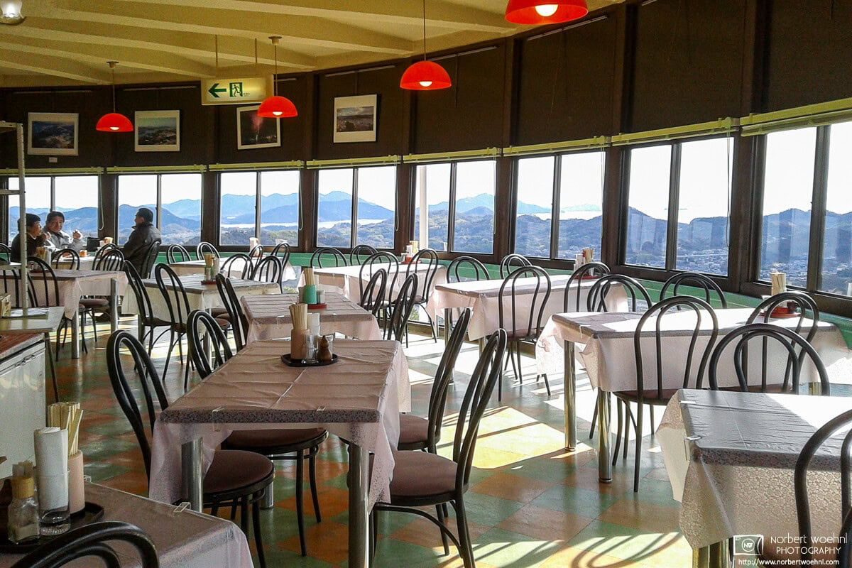 The panoramic restaurant at the top station of Mount Senkoji Ropeway in Onomichi, Hiroshima Prefecture, Japan, offers great views of the Seto Inland Sea. © 2013 Norbert Woehnl Photography.