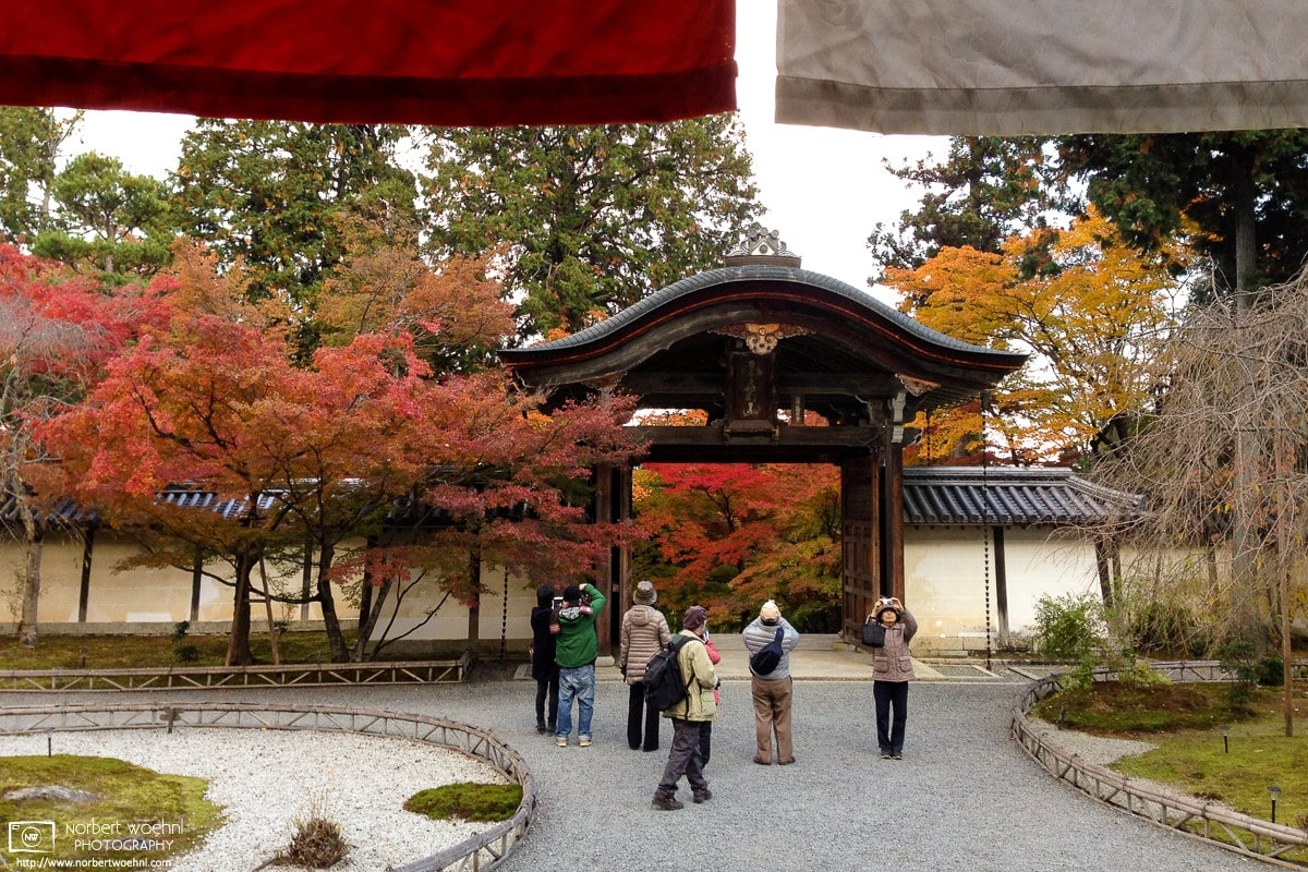 Visitors outside the main hall of Nisonin, a Tendai Buddhist temple complex in the Sagano area of western Kyoto, Japan. © 2013 Norbert Woehnl Photography.