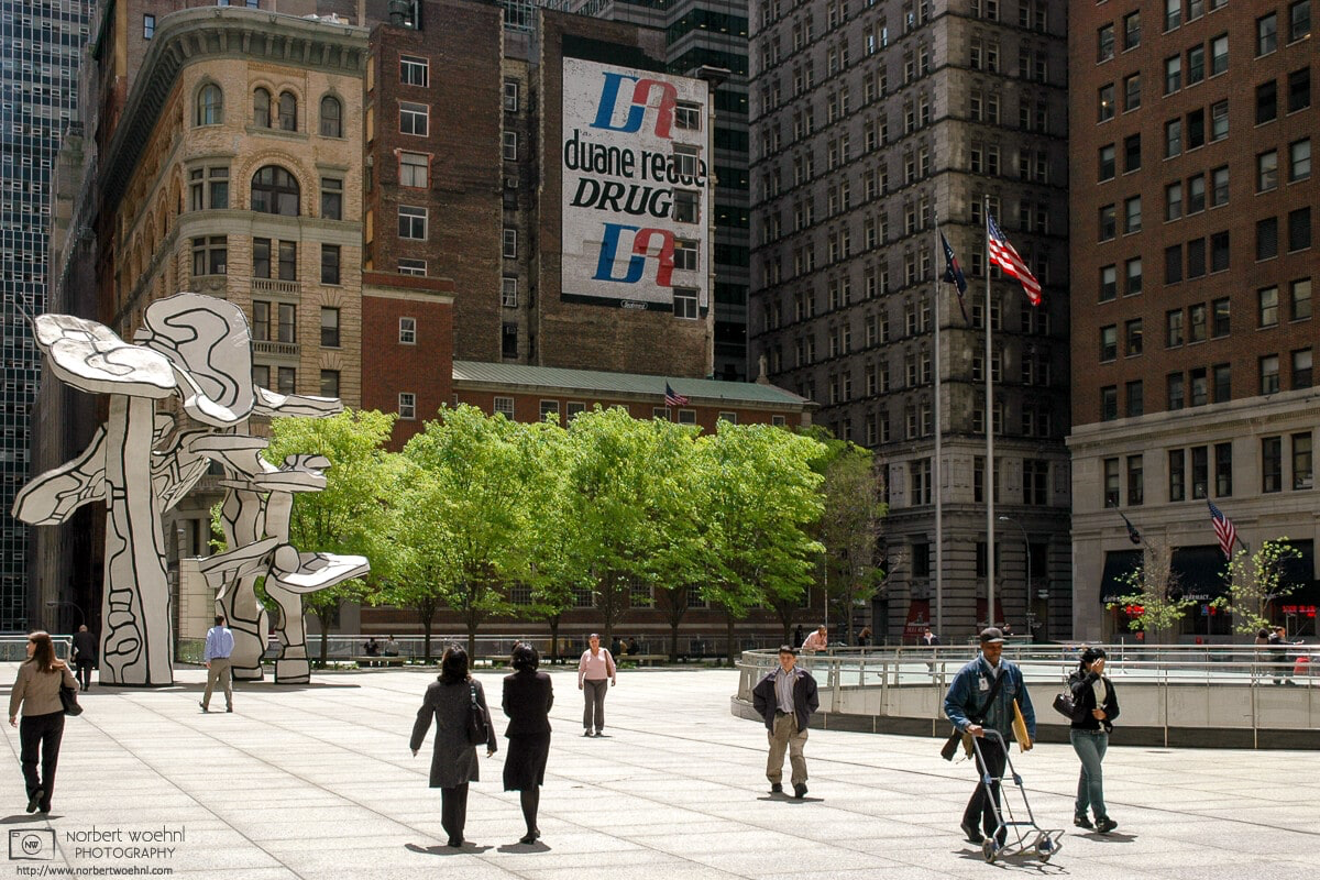 The "Groupe de quatre arbres" sculpture by Jean Dubuffet at 28 Liberty Street in the Financial District of lower Manhattan, New York. © 2005 Norbert Woehnl Photography.