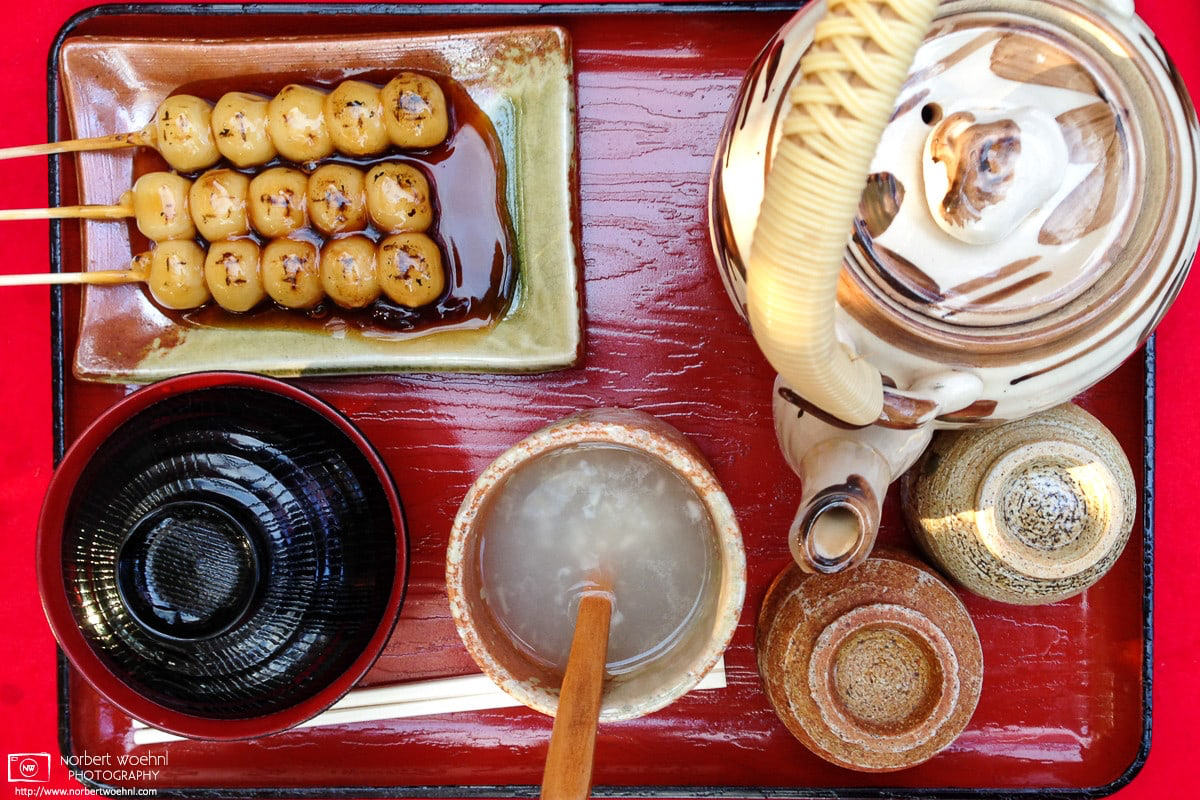 A tray of autumnal snacks (dango, amazake, tea and miso soup) at Eikando Zenrinji Temple in eastern Kyoto, Japan. © 2013 Norbert Woehnl Photography.