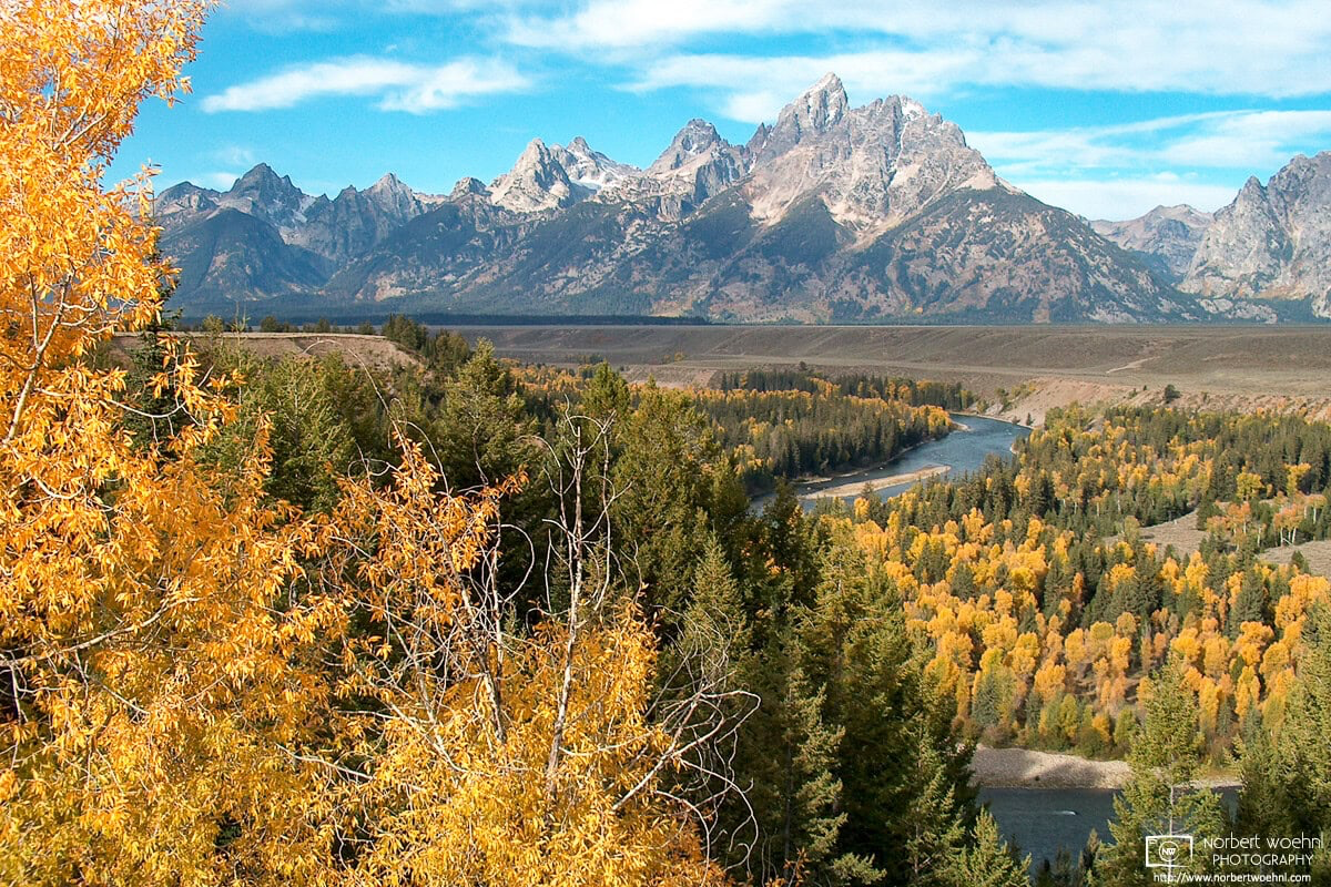 An autumnal view of the Teton Range from Snake River Overlook in Grand Teton National Park, Wyoming. © 2003 Norbert Woehnl Photography.