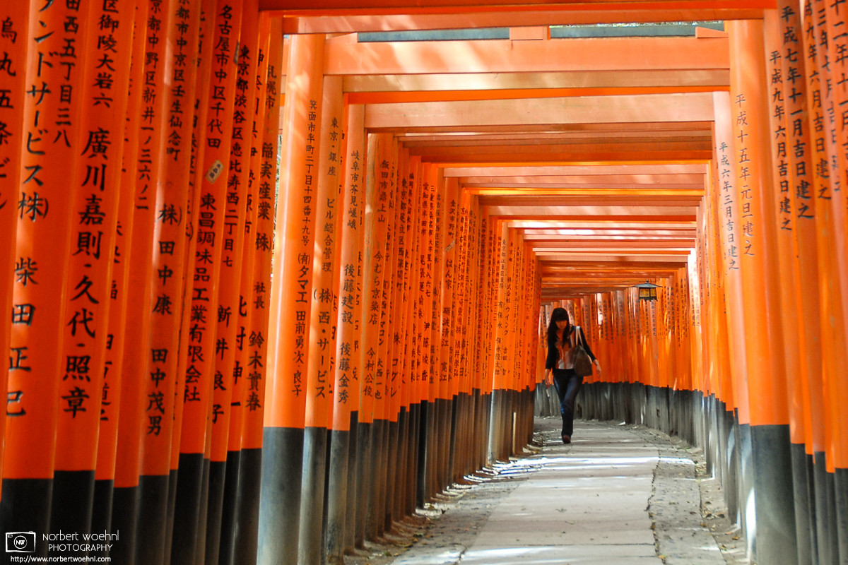 Encounter in the tunnel of torii gates, Fushimi Inari Taisha, Kyoto, Japan. © 2006 Norbert Woehnl Photography.