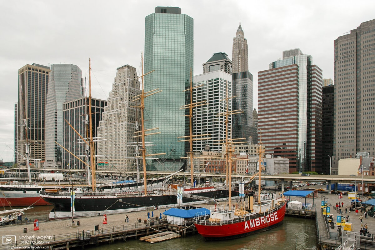 A photo taken in 2005 of South Street Seaport in New York City. The district actually features some of the oldest buildings in Lower Manhattan. © 2005 Norbert Woehnl Photography.