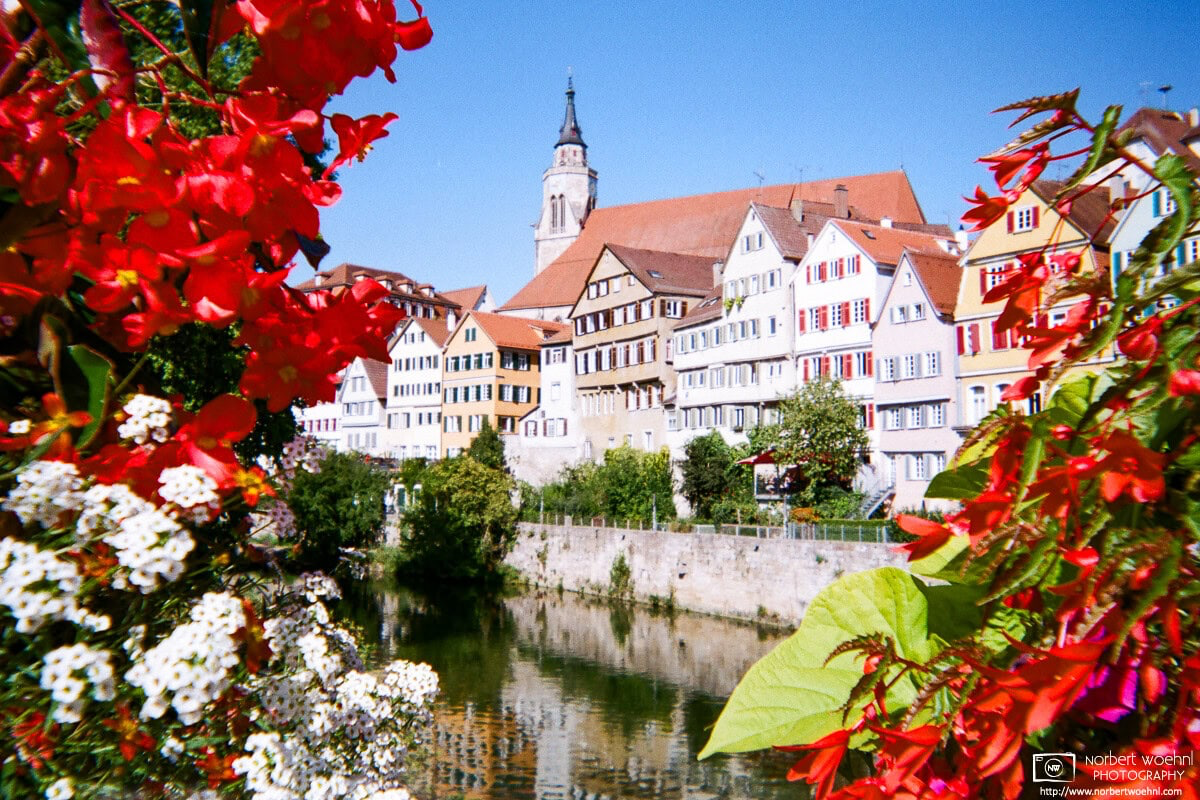 Colorful summer flowers engulf the view from Eberhard Bridge towards the medieval city center of Tübingen, Germany. © 2018 Norbert Woehnl Photography.